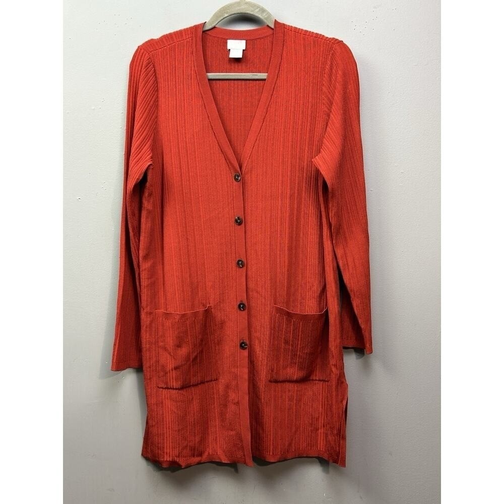 Chico's Cardigan Womens 1 Medium Orange Ribbed V-Neck Long line Button Pocket